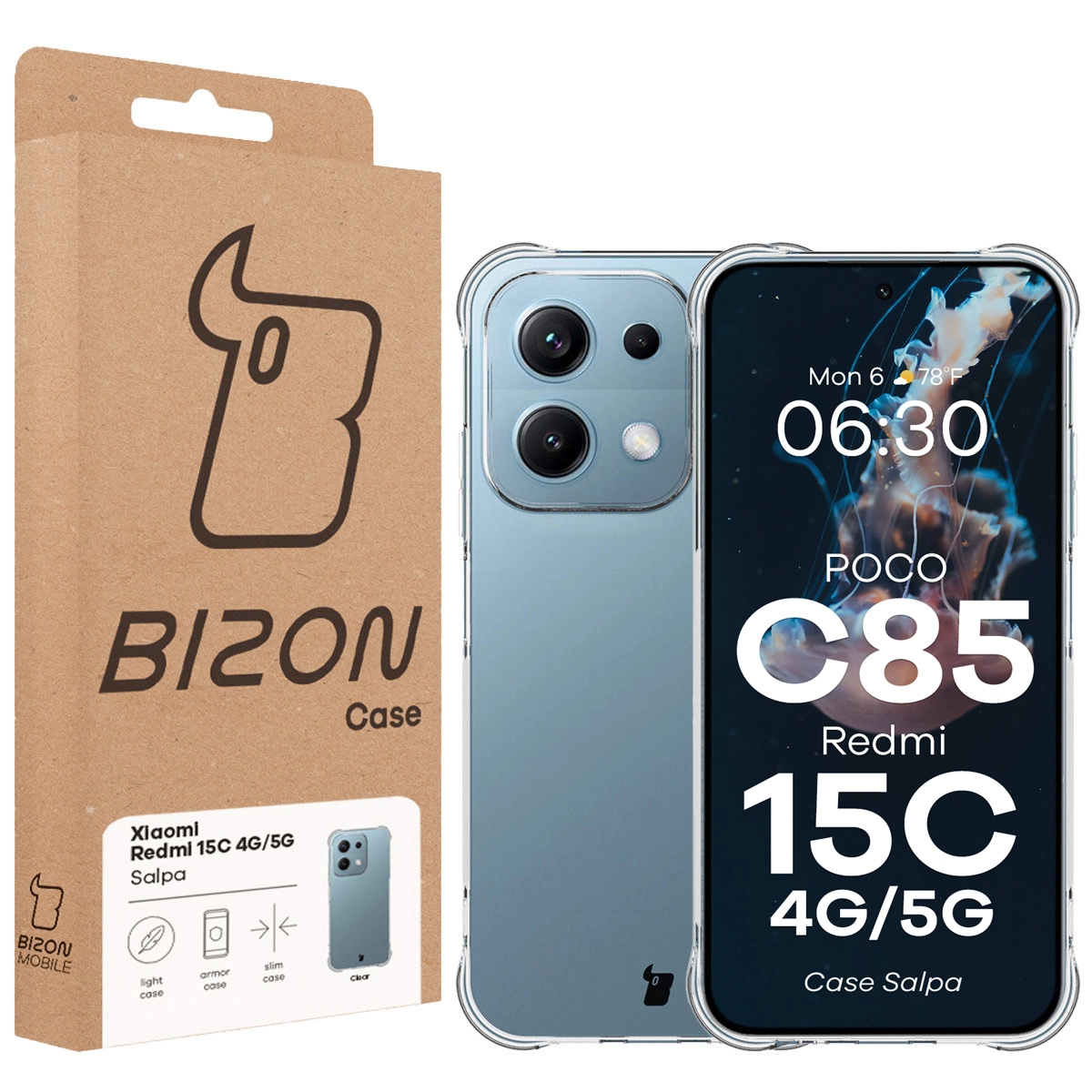 Przód pudełka Bizon Case z dedykowaną etykietą do Xiaomi Xiaomi Redmi 15C 4G/5G / POCO C85 4G